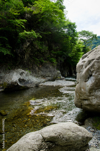 Mountain stream and the rock face of Okutama