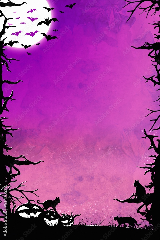 Fototapeta premium Halloween night purple vertical background with trees, bats, cats and pumpkins