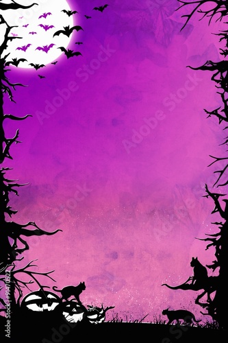 Halloween night purple vertical background with trees, bats, cats and pumpkins