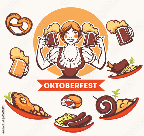 vector  German girl and collection of traditional German food fo
