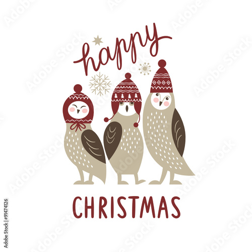 Happy Christmas card, three cute owls