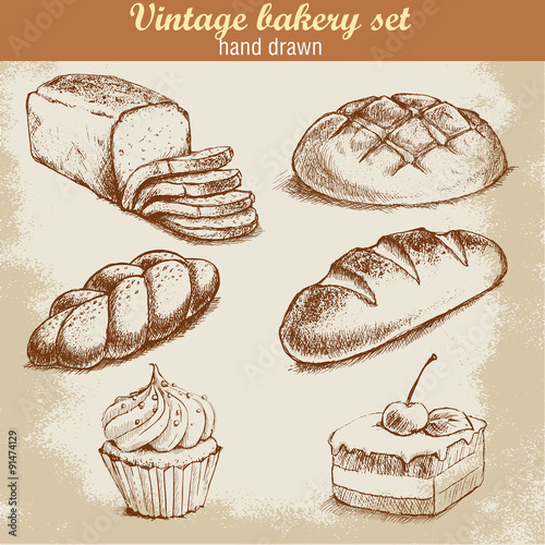 Vintage hand drawn sketch style bakery set. Bread and pastry sweets on grunge background.