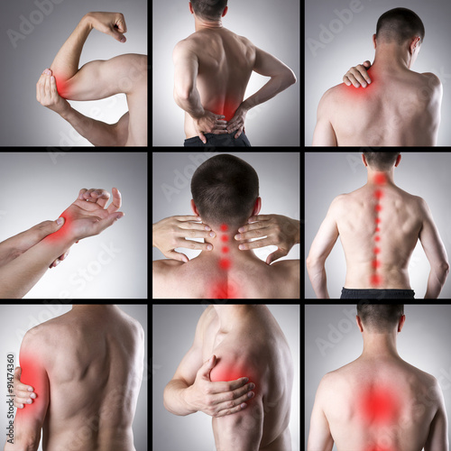 Pain in a man's body. Collage of several photos with red dots