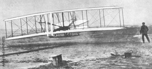 First flight of Wright Flyer, world's first powered aircraft, 1903 