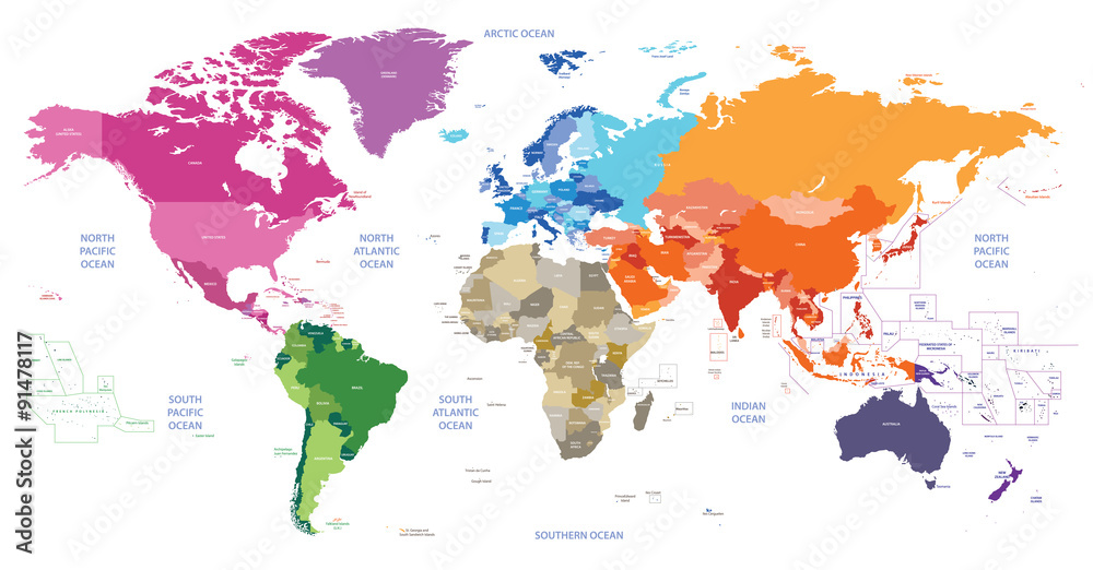 Obraz premium polityczna mapa świata pokolorowana według kontynentów