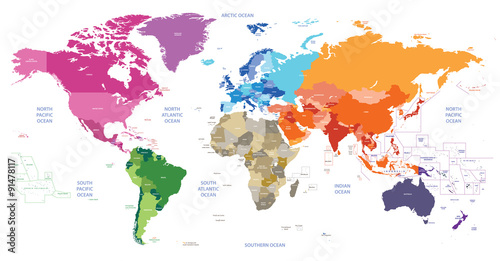 Fototapeta Naklejka Na Ścianę i Meble -  world map colored by continents. High detailed vector illustration