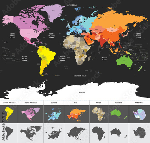 Vector world map of the world colored by continents. Continents silhouettes and colorful illustrations