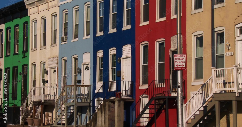 Colorful row houses line the streets of Baltimore, Maryland.