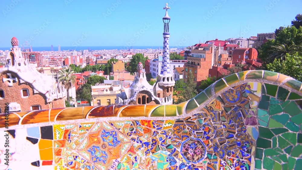 The bright and colorful artwork of Gaudi in Park Guell, Barcelona, Spain.