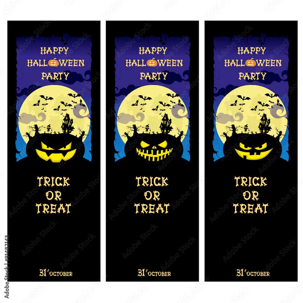 Set vector Halloween banner with pumpkins, scary trees and house