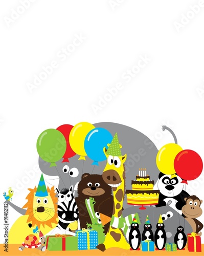 Group of wild animals with balloons  presents and birthday cake