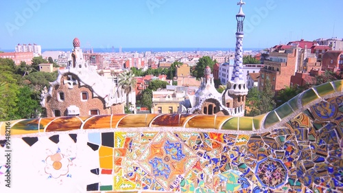 The bright and colorful artwork of Gaudi in Park Guell, Barcelona, Spain.