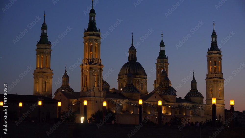 The classic and beautiful Catholic church at Zaragoza Spain at dusk. The classic and beautiful Catholic church at Zaragoza Spain at dusk.