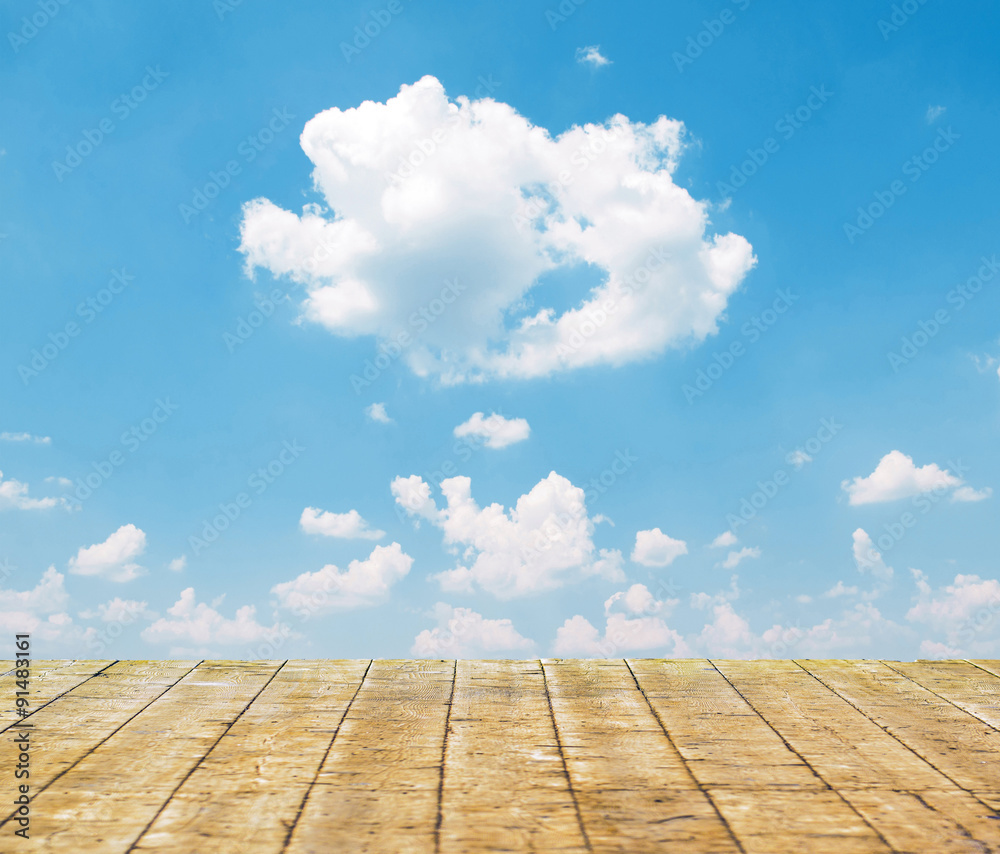 Beautiful blue sky and wooden floor background
