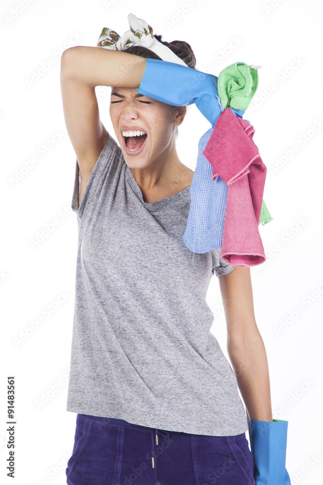Tired frustrated and exhausted cleaning woman screaming , isolated on white Tired frustrated and exhausted cleaning woman screaming , isolated on white