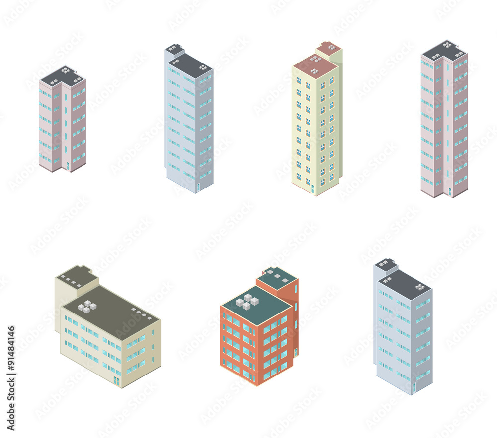 Isometric Condo Icons set - A vector icon illustration of a set of modern apartments used as living space. Isometric Condo Icons set - A vector icon illustration of a set of modern apartments used as living space.