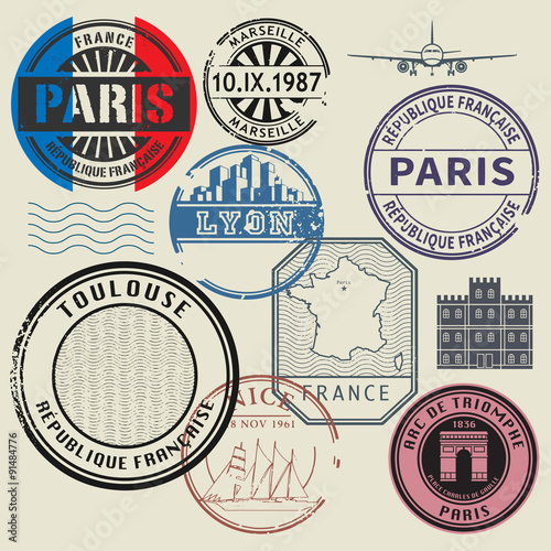Travel stamps set, France theme
