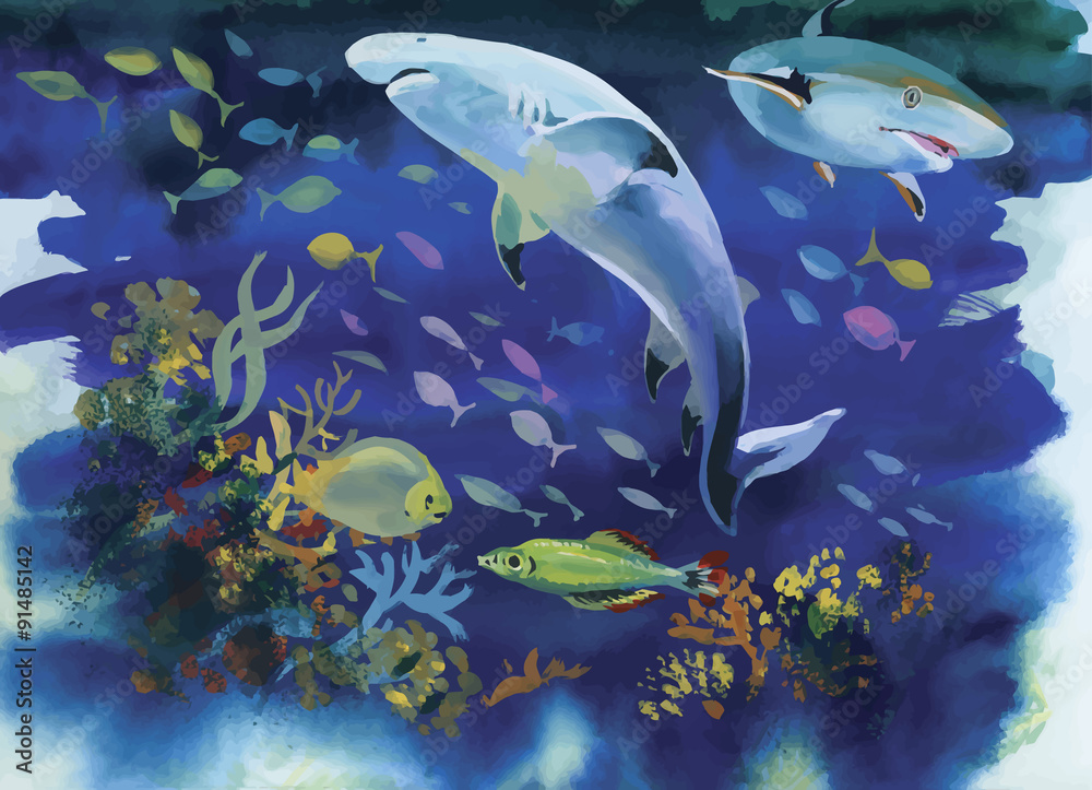 Obraz premium Shark watercolor painting illustration