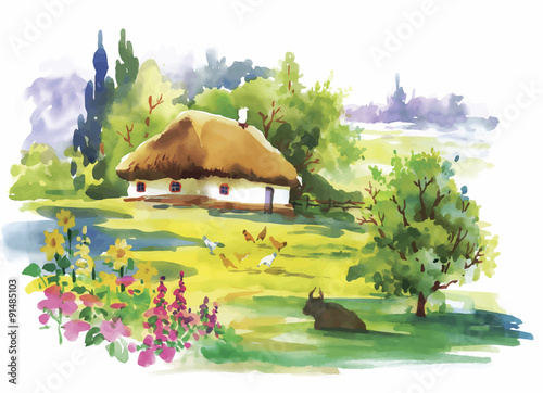 Watercolor rural village in green summer day illustration