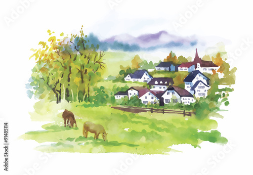 Watercolor rural village in green summer day illustration