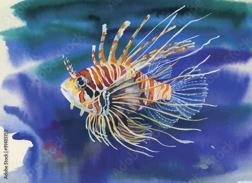 Watercolor Marine life background with Tropical fish