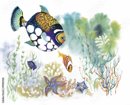 Watercolor Marine life background with Tropical fish
