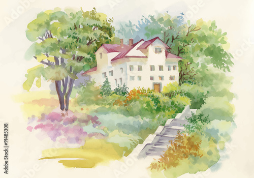 Watercolor painting of house in woods illustration