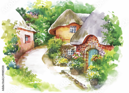 Watercolor rural village in green summer day illustration