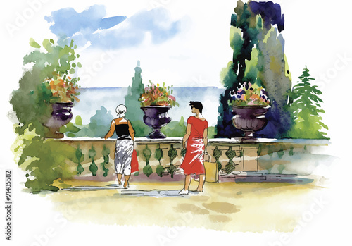 Watercolor painting resort balcony with couple vector