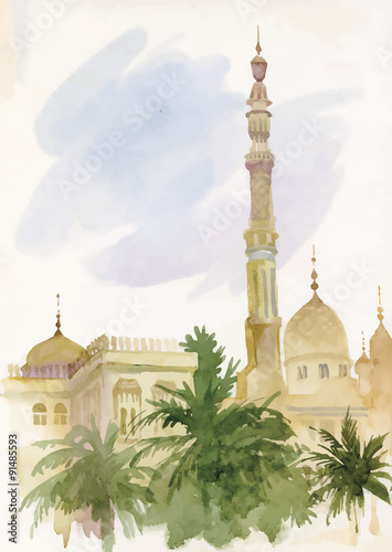Watercolor islamic mosque painting