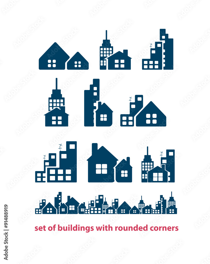 Set of buildings with round corner. Building and real estate city illustration. Abstract background