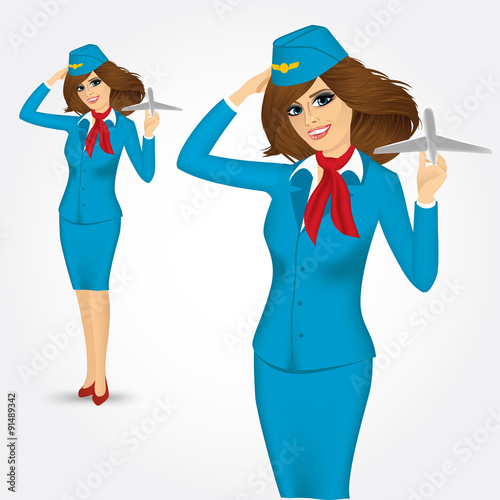 stewardess holding plane model and saluting