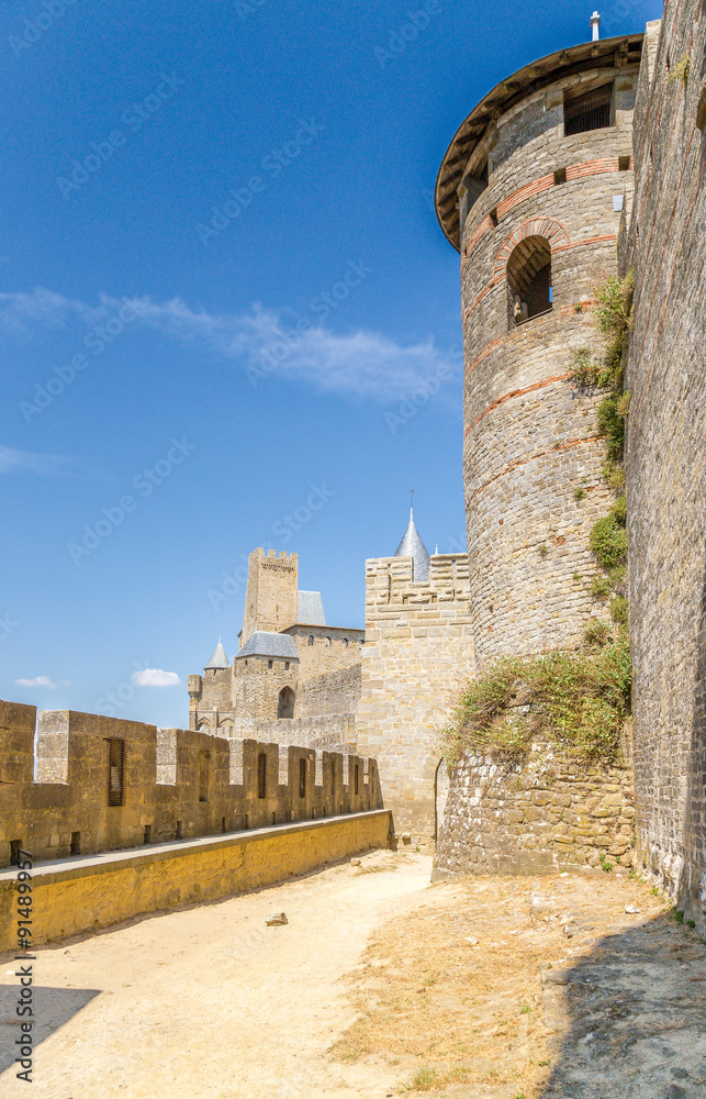 Carcassonne, France. A double row of fortified walls. Fortress of Carcassonne is included in the UNESCO World Heritage List