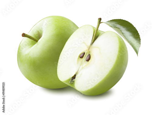 Green apple half leaf isolated on white background