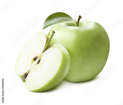 Green whole apple half isolated on white background