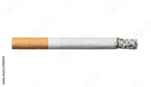 Close up of burning cigarette isolated on white background