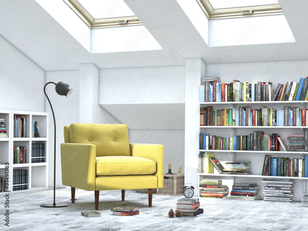 modern interior white room with books and sofa