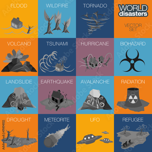 Different disasters icons.
Flood, wildfire, tornado, hurricane, volcano, tsunami, landslide, earthquake, avalanche, biohazard, radiation, ufo, refugees, and drought icons.