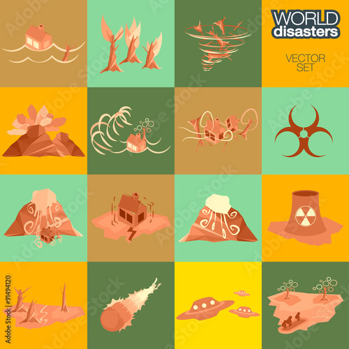 Different disasters icons.
Flood, wildfire, tornado, hurricane, volcano, tsunami, landslide, earthquake, avalanche, biohazard, radiation, ufo, refugees, and drought icons.