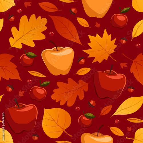 Autumn seamless patterns. Apples ans fall leaves. Vector illustration.