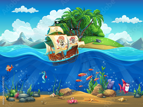Cartoon underwater world with fish, plants, island and ship