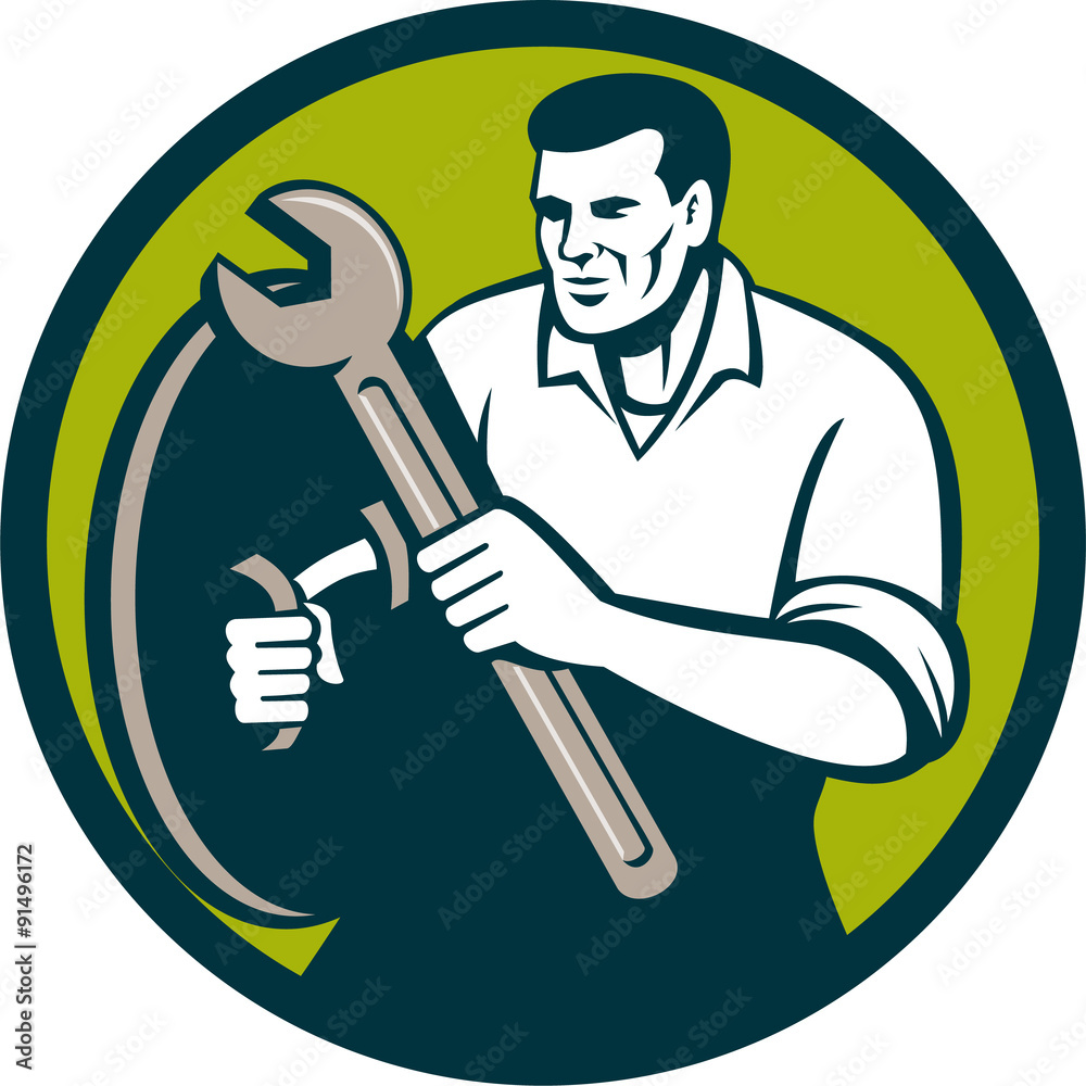 Mechanic Brandishing Spanner Wrench Circle Retro Mechanic Brandishing Spanner Wrench Circle Retro