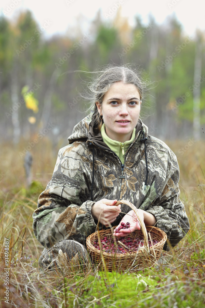 Young woman pick cranberry on a bog.