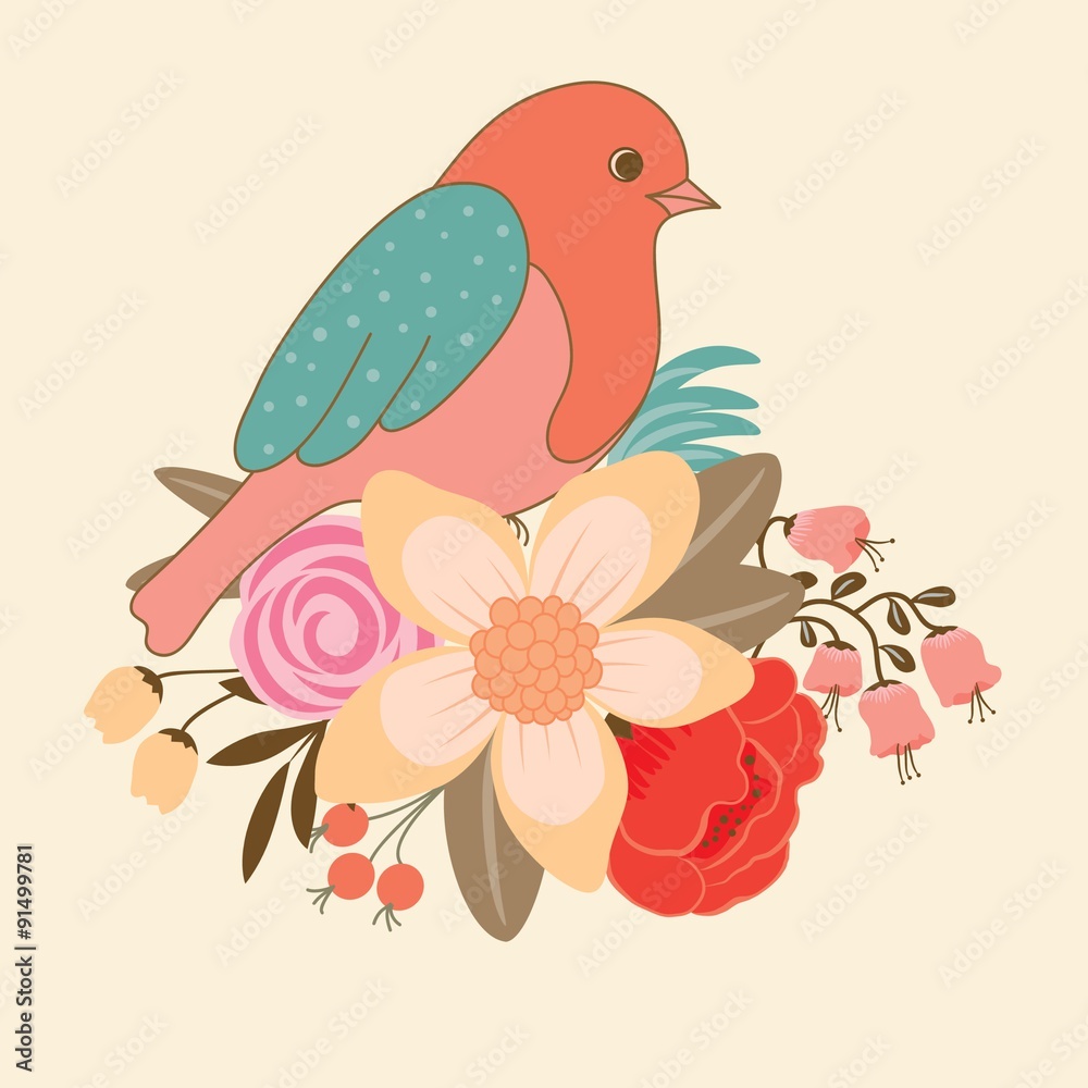 Vintage invitation card with bird and flowers.
