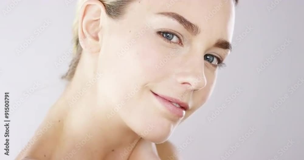 Closeup portrait of beautiful woman face with bright blue eyes slow motion skincare concept - Red Epic Dragon Closeup portrait of beautiful woman face with bright blue eyes slow motion skincare concept - Red Epic Dragon