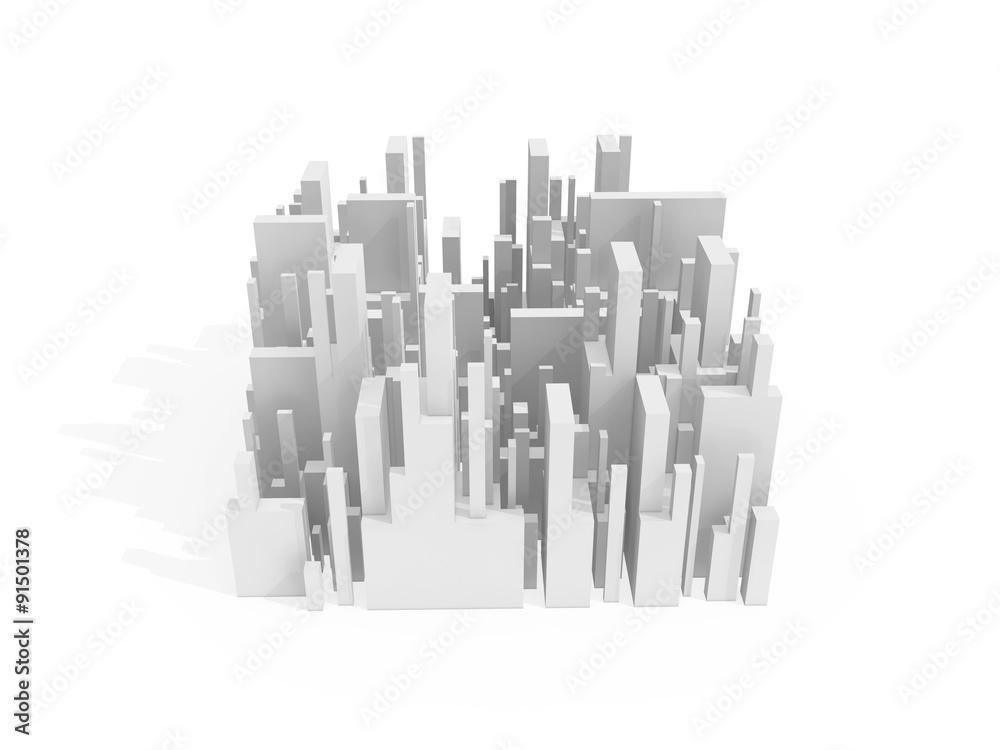 Abstract schematic 3d cityscape quarter on white