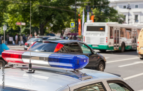 Close-up of the colorful lights on top of a russian police vehic