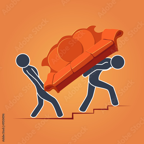Two people moving sofa during rearrangement or resettlement. Can be used as a logo for a company. All objects are grouped, so its easy to edit