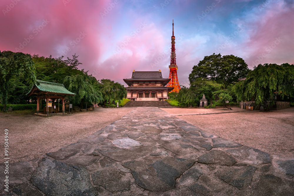 Zojo-ji Temple and Tokyo Tower in the Morning, Tokyo, Japan