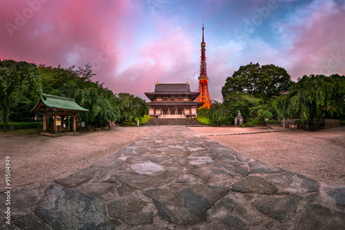 Zojo-ji Temple and Tokyo Tower in the Morning, Tokyo, Japan